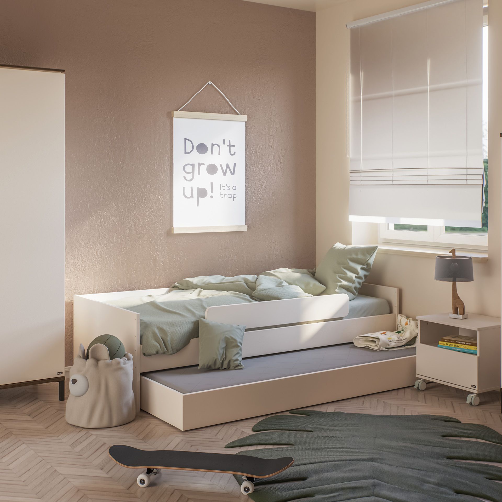 Ein gemütliches Schlafzimmer mit einem Bett, einem Skateboard, einem grünen Teppich und einem Poster von Dont grow up!.