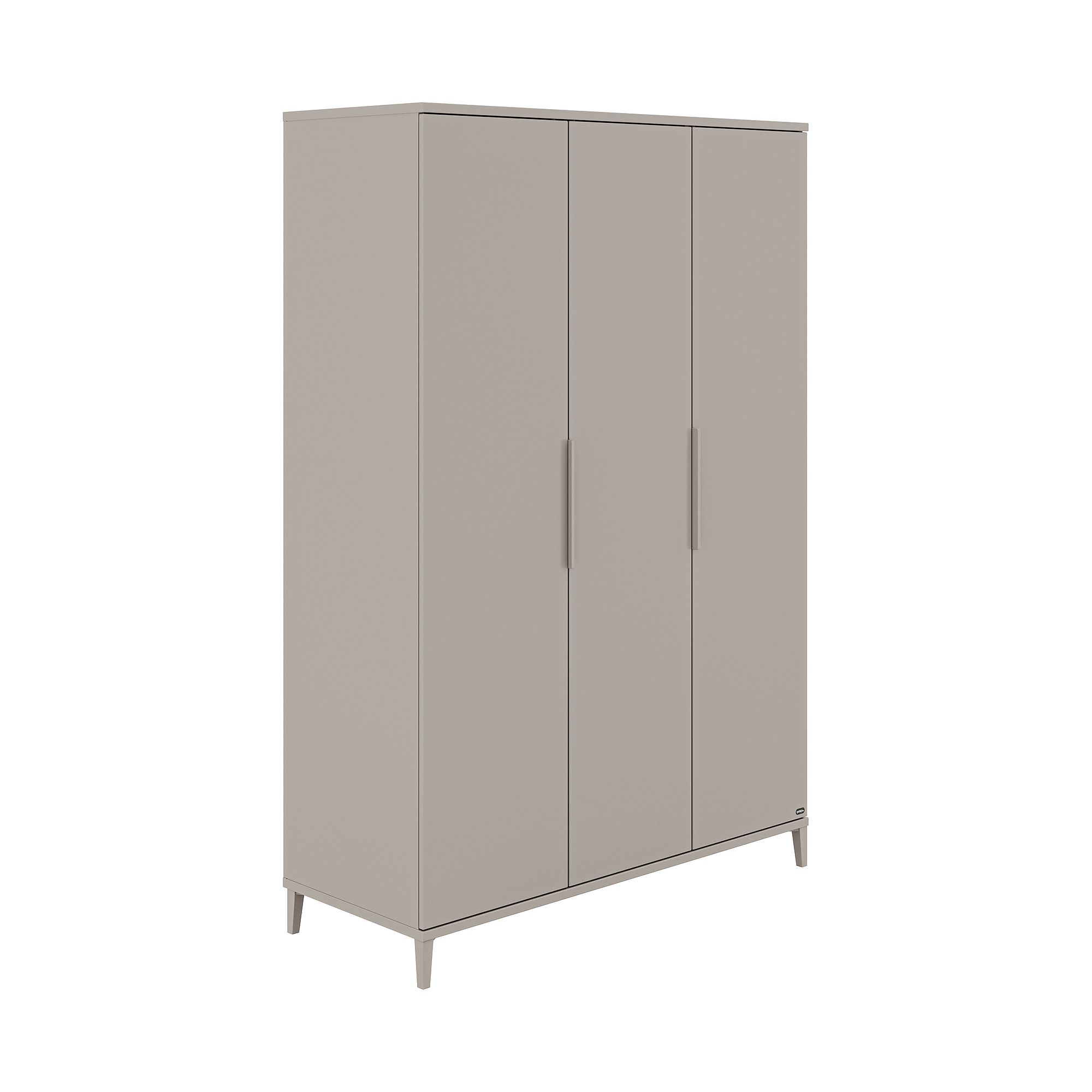 Ein beiger dreitüriger Schrank mit einfachen Griffen und kurzen Beinen.