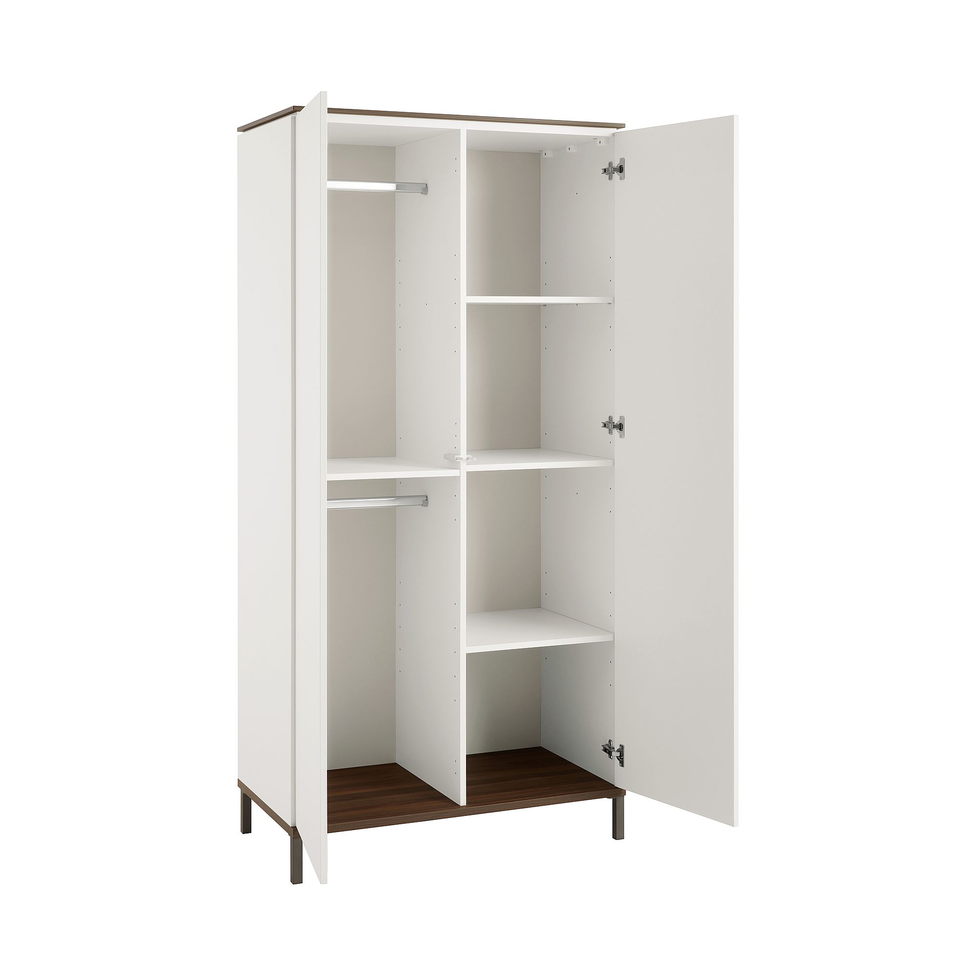 Weißer Kleiderschrank mit offenen Türen, Einlegeböden und Aufhängeschienen auf einem Holzsockel.